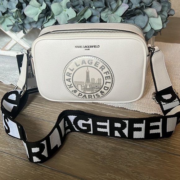 NWT Karl Lagerfeld Paris White Crossbody w/ Guitar Strap Silver Hardware Dustbag - Picture 2 of 10